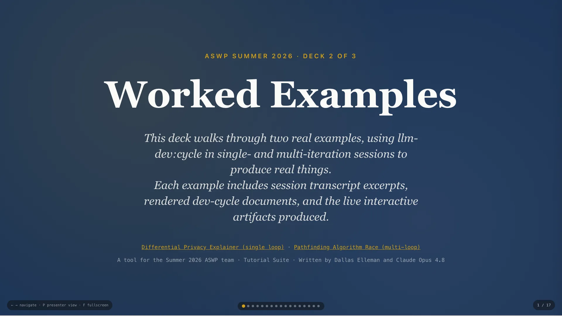 Deck 2 title slide built on the starter engine — navy and gold editorial style